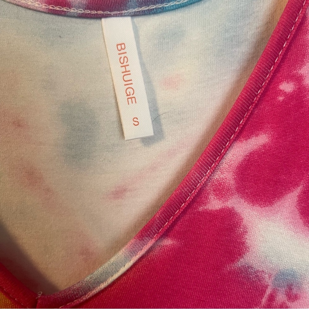 Casual Swing V-neck T-Shirt Tank Dress Colorful Tie-Dye Orange Pink Blue Sz S - Picture 5 of 9
